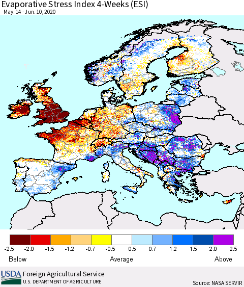 Europe Evaporative Stress Index (ESI), 4-Weeks Thematic Map For 6/8/2020 - 6/14/2020
