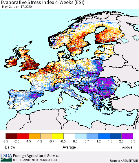 Europe Evaporative Stress Index (ESI), 4-Weeks Thematic Map For 6/15/2020 - 6/21/2020