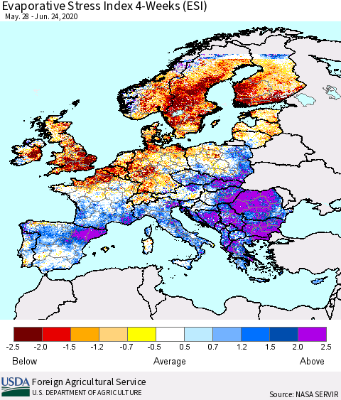 Europe Evaporative Stress Index (ESI), 4-Weeks Thematic Map For 6/22/2020 - 6/28/2020