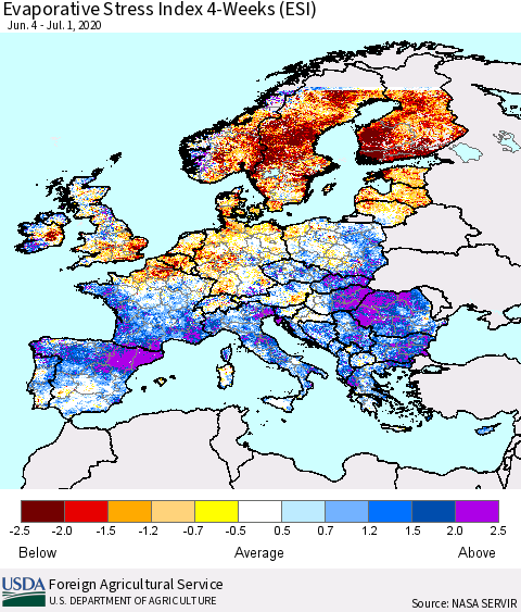 Europe Evaporative Stress Index (ESI), 4-Weeks Thematic Map For 6/29/2020 - 7/5/2020