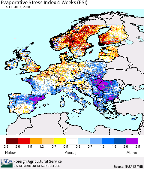 Europe Evaporative Stress Index (ESI), 4-Weeks Thematic Map For 7/6/2020 - 7/12/2020