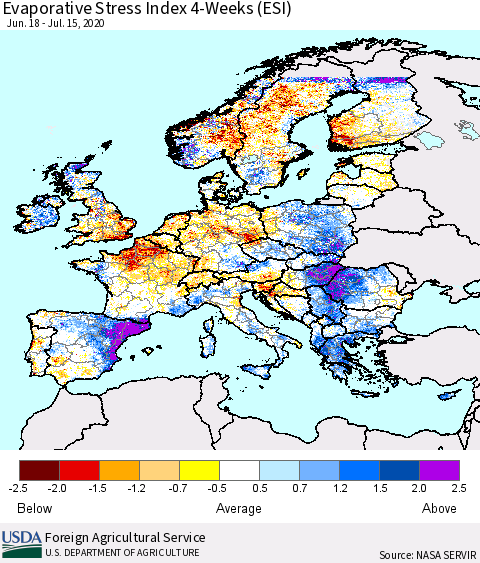Europe Evaporative Stress Index (ESI), 4-Weeks Thematic Map For 7/13/2020 - 7/19/2020