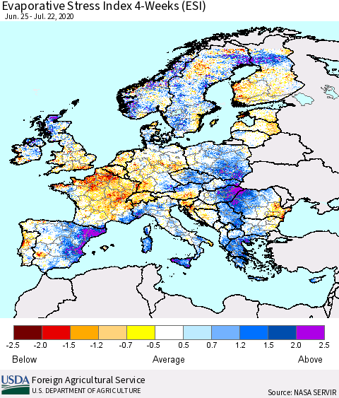 Europe Evaporative Stress Index (ESI), 4-Weeks Thematic Map For 7/20/2020 - 7/26/2020