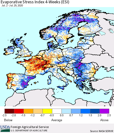 Europe Evaporative Stress Index (ESI), 4-Weeks Thematic Map For 7/27/2020 - 8/2/2020