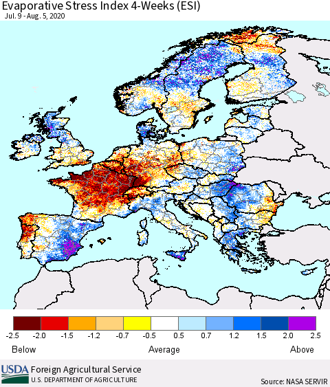 Europe Evaporative Stress Index (ESI), 4-Weeks Thematic Map For 8/3/2020 - 8/9/2020