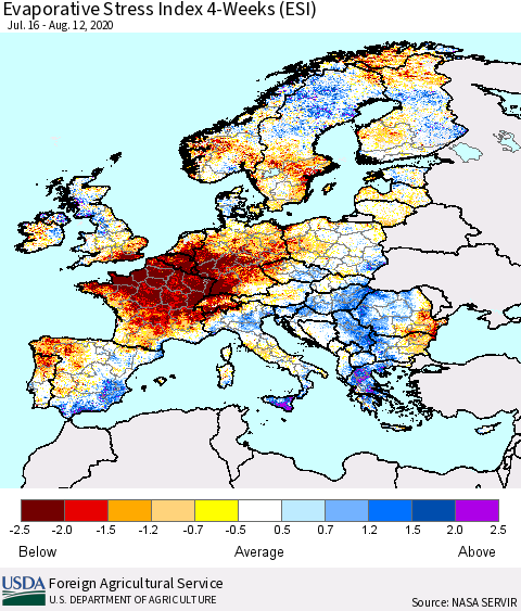 Europe Evaporative Stress Index (ESI), 4-Weeks Thematic Map For 8/10/2020 - 8/16/2020
