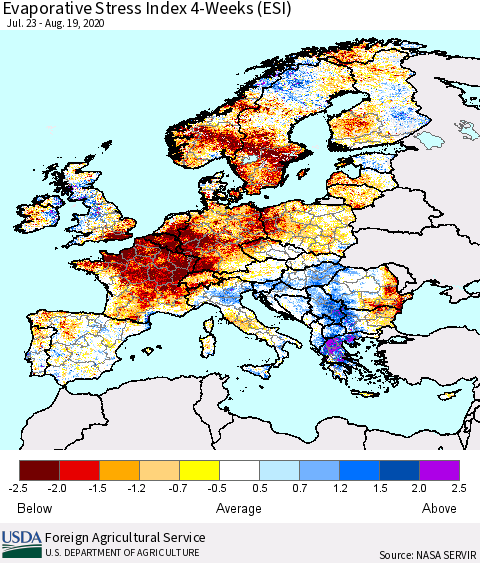 Europe Evaporative Stress Index (ESI), 4-Weeks Thematic Map For 8/17/2020 - 8/23/2020