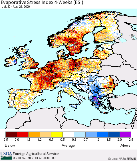 Europe Evaporative Stress Index (ESI), 4-Weeks Thematic Map For 8/24/2020 - 8/30/2020