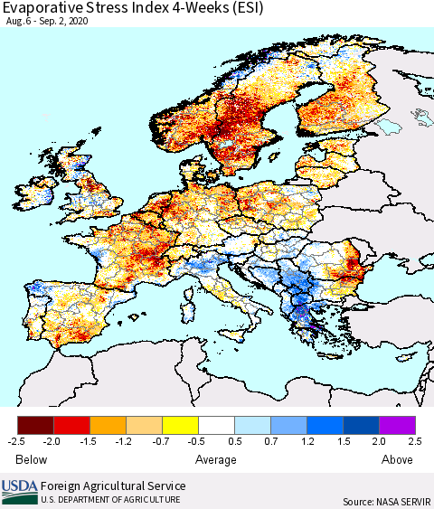 Europe Evaporative Stress Index (ESI), 4-Weeks Thematic Map For 8/31/2020 - 9/6/2020