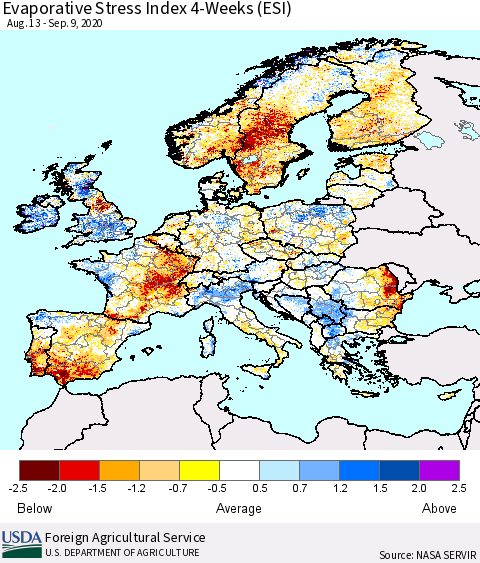 Europe Evaporative Stress Index (ESI), 4-Weeks Thematic Map For 9/7/2020 - 9/13/2020