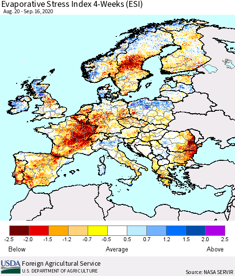 Europe Evaporative Stress Index (ESI), 4-Weeks Thematic Map For 9/14/2020 - 9/20/2020