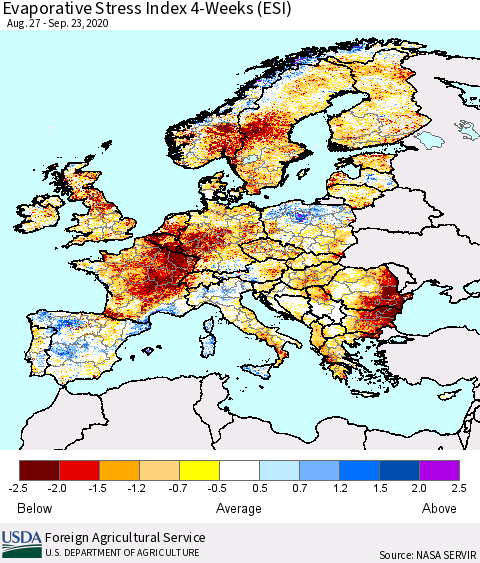 Europe Evaporative Stress Index (ESI), 4-Weeks Thematic Map For 9/21/2020 - 9/27/2020
