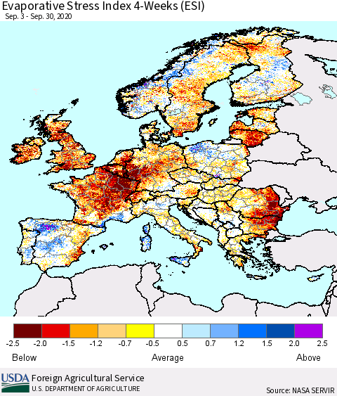 Europe Evaporative Stress Index (ESI), 4-Weeks Thematic Map For 9/28/2020 - 10/4/2020