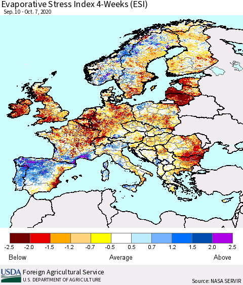 Europe Evaporative Stress Index (ESI), 4-Weeks Thematic Map For 10/5/2020 - 10/11/2020