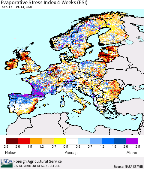 Europe Evaporative Stress Index (ESI), 4-Weeks Thematic Map For 10/12/2020 - 10/18/2020