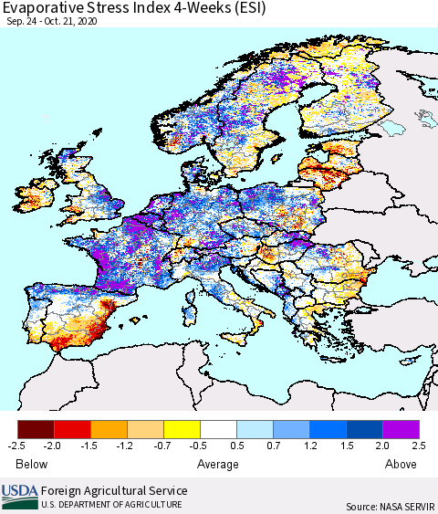 Europe Evaporative Stress Index (ESI), 4-Weeks Thematic Map For 10/19/2020 - 10/25/2020