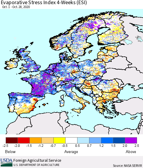 Europe Evaporative Stress Index (ESI), 4-Weeks Thematic Map For 10/26/2020 - 11/1/2020