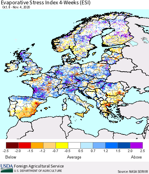 Europe Evaporative Stress Index (ESI), 4-Weeks Thematic Map For 11/2/2020 - 11/8/2020