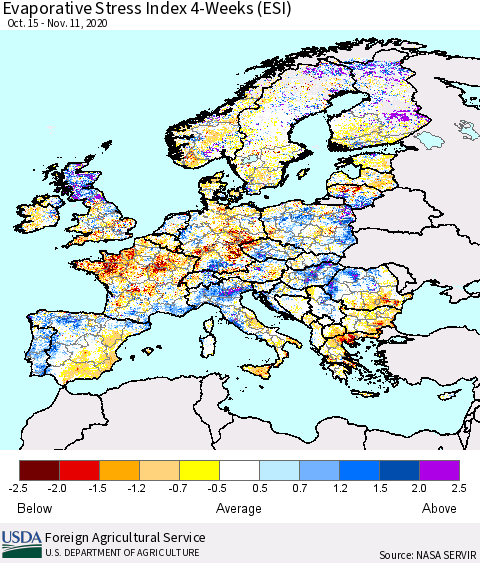 Europe Evaporative Stress Index (ESI), 4-Weeks Thematic Map For 11/9/2020 - 11/15/2020