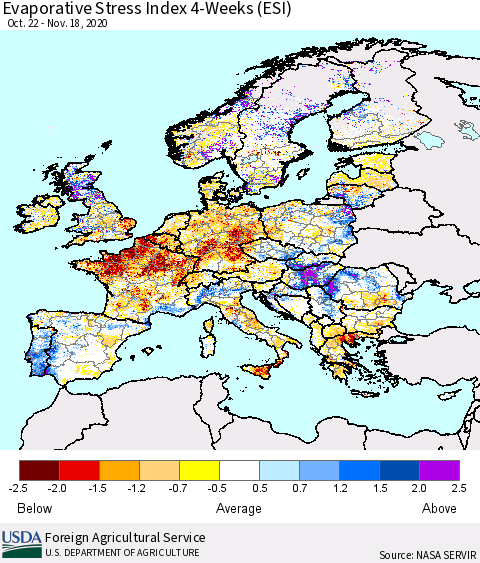 Europe Evaporative Stress Index (ESI), 4-Weeks Thematic Map For 11/16/2020 - 11/22/2020