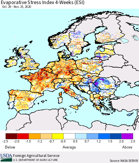 Europe Evaporative Stress Index (ESI), 4-Weeks Thematic Map For 11/23/2020 - 11/29/2020