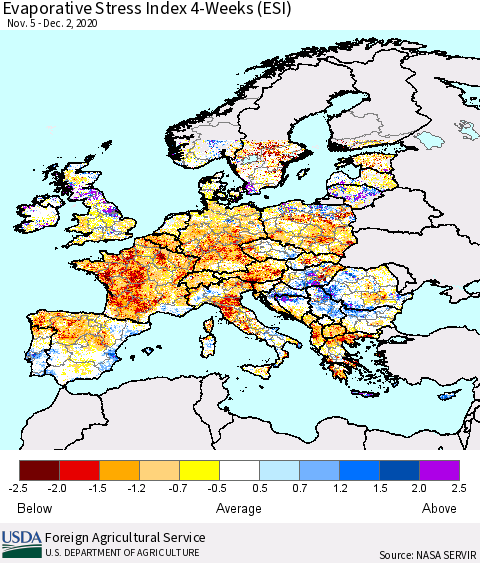 Europe Evaporative Stress Index (ESI), 4-Weeks Thematic Map For 11/30/2020 - 12/6/2020