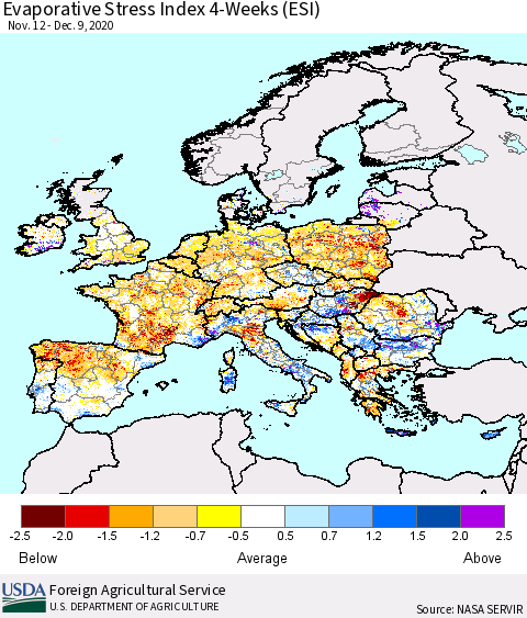 Europe Evaporative Stress Index (ESI), 4-Weeks Thematic Map For 12/7/2020 - 12/13/2020