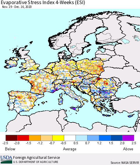Europe Evaporative Stress Index (ESI), 4-Weeks Thematic Map For 12/14/2020 - 12/20/2020