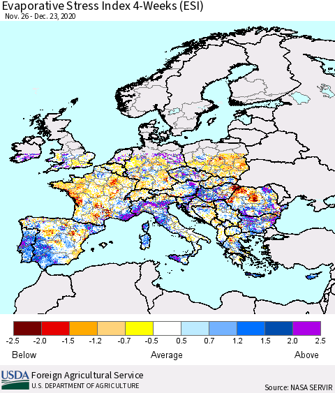 Europe Evaporative Stress Index (ESI), 4-Weeks Thematic Map For 12/21/2020 - 12/27/2020