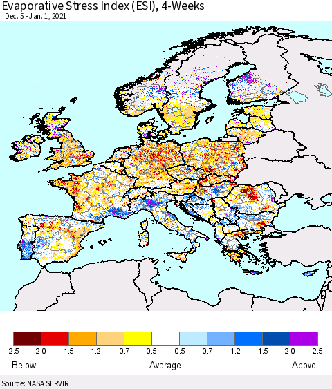 Europe Evaporative Stress Index (ESI), 4-Weeks Thematic Map For 12/28/2020 - 1/3/2021
