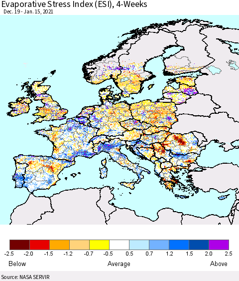 Europe Evaporative Stress Index (ESI), 4-Weeks Thematic Map For 1/11/2021 - 1/17/2021
