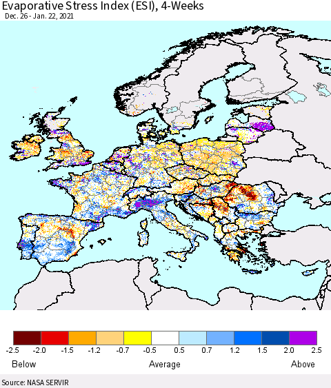 Europe Evaporative Stress Index (ESI), 4-Weeks Thematic Map For 1/18/2021 - 1/24/2021