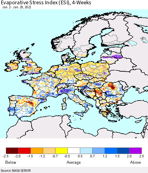 Europe Evaporative Stress Index (ESI), 4-Weeks Thematic Map For 1/25/2021 - 1/31/2021