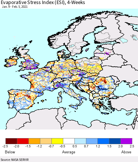 Europe Evaporative Stress Index (ESI), 4-Weeks Thematic Map For 2/1/2021 - 2/7/2021