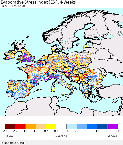 Europe Evaporative Stress Index (ESI), 4-Weeks Thematic Map For 2/8/2021 - 2/14/2021