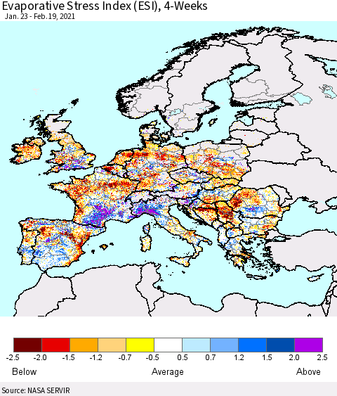 Europe Evaporative Stress Index (ESI), 4-Weeks Thematic Map For 2/15/2021 - 2/21/2021