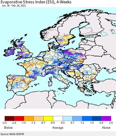 Europe Evaporative Stress Index (ESI), 4-Weeks Thematic Map For 2/22/2021 - 2/28/2021