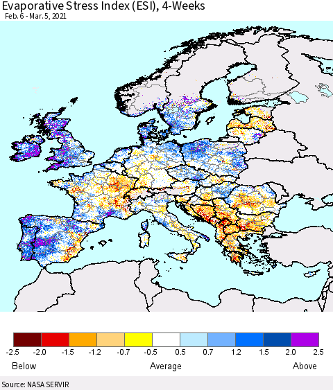 Europe Evaporative Stress Index (ESI), 4-Weeks Thematic Map For 3/1/2021 - 3/7/2021