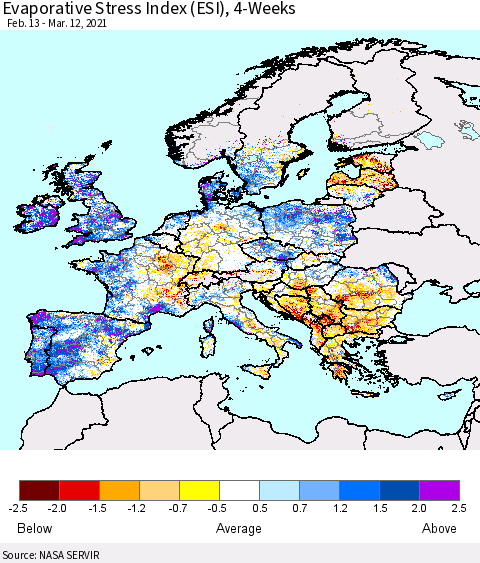 Europe Evaporative Stress Index (ESI), 4-Weeks Thematic Map For 3/8/2021 - 3/14/2021