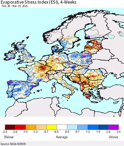 Europe Evaporative Stress Index (ESI), 4-Weeks Thematic Map For 3/15/2021 - 3/21/2021