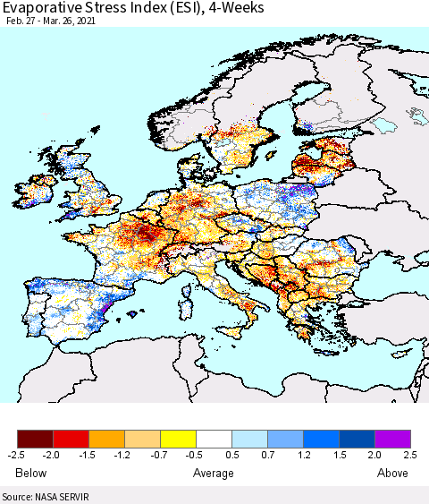 Europe Evaporative Stress Index (ESI), 4-Weeks Thematic Map For 3/22/2021 - 3/28/2021