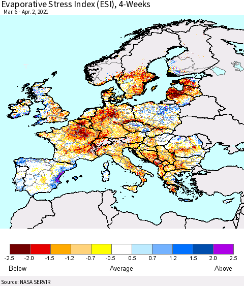 Europe Evaporative Stress Index (ESI), 4-Weeks Thematic Map For 3/29/2021 - 4/4/2021