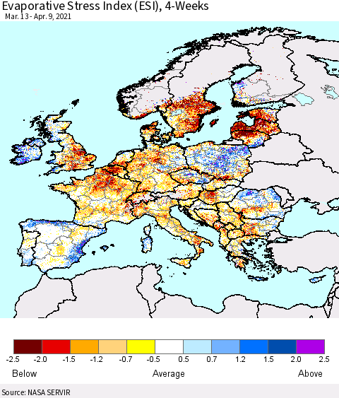 Europe Evaporative Stress Index (ESI), 4-Weeks Thematic Map For 4/5/2021 - 4/11/2021