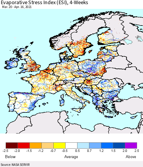 Europe Evaporative Stress Index (ESI), 4-Weeks Thematic Map For 4/12/2021 - 4/18/2021