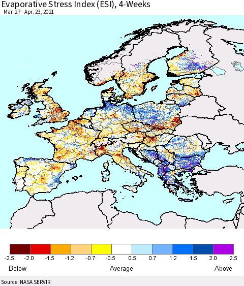 Europe Evaporative Stress Index (ESI), 4-Weeks Thematic Map For 4/19/2021 - 4/25/2021