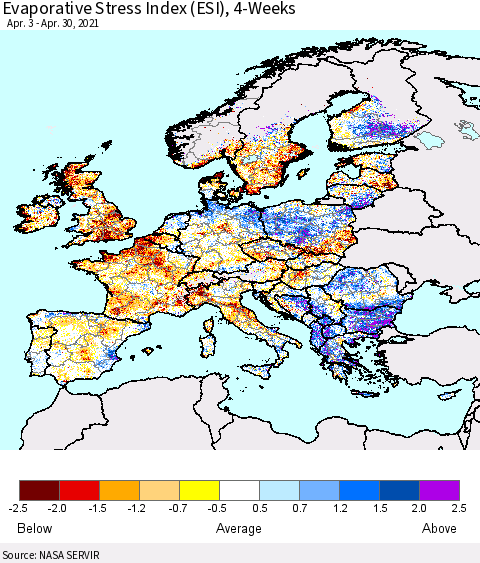 Europe Evaporative Stress Index (ESI), 4-Weeks Thematic Map For 4/26/2021 - 5/2/2021