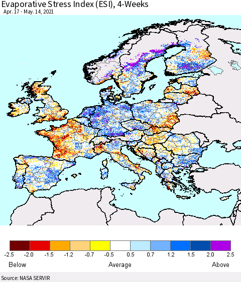 Europe Evaporative Stress Index (ESI), 4-Weeks Thematic Map For 5/10/2021 - 5/16/2021