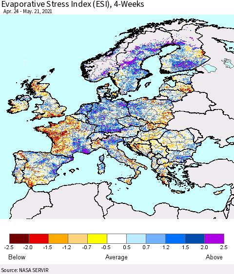 Europe Evaporative Stress Index (ESI), 4-Weeks Thematic Map For 5/17/2021 - 5/23/2021