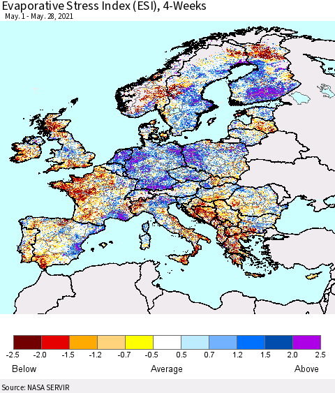 Europe Evaporative Stress Index (ESI), 4-Weeks Thematic Map For 5/24/2021 - 5/30/2021