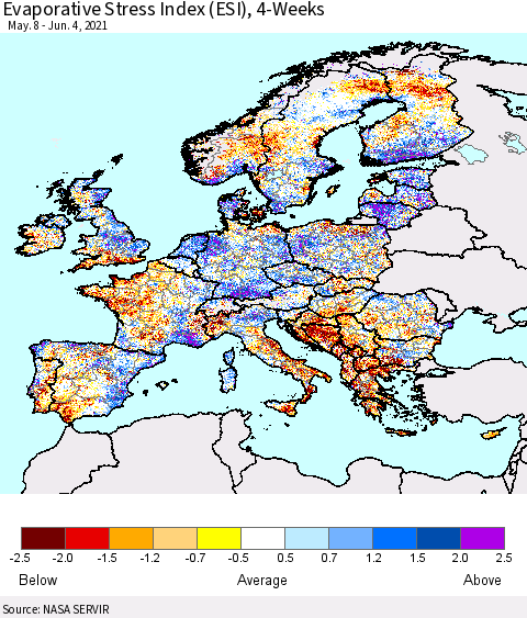 Europe Evaporative Stress Index (ESI), 4-Weeks Thematic Map For 5/31/2021 - 6/6/2021